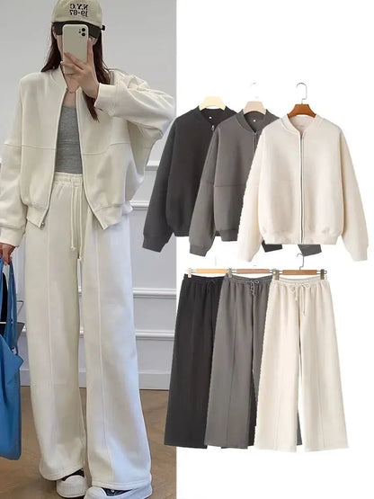 HH Women's Fall 2-Piece Retro Solid Color Zip Bomber Jacket Sweatshirt+High Waist Lace Up Women's Wide Leg Pants Street Wear