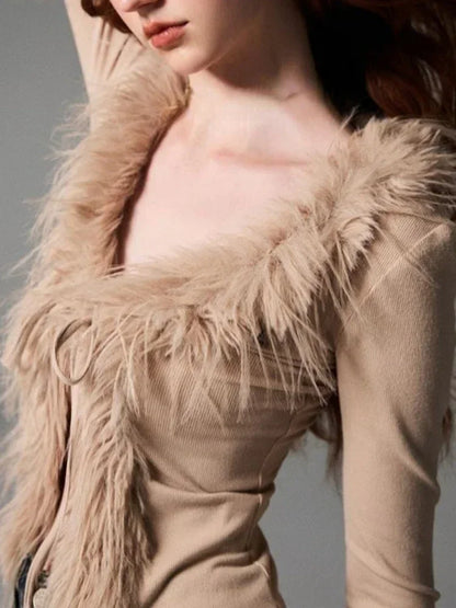 Y2k Aesthetic V-neck Jacket Women Korean Sexy Fashion Cardigan  Harajuku Vintage Bandage Fur Patchwork Coat 2024 Spring Chic