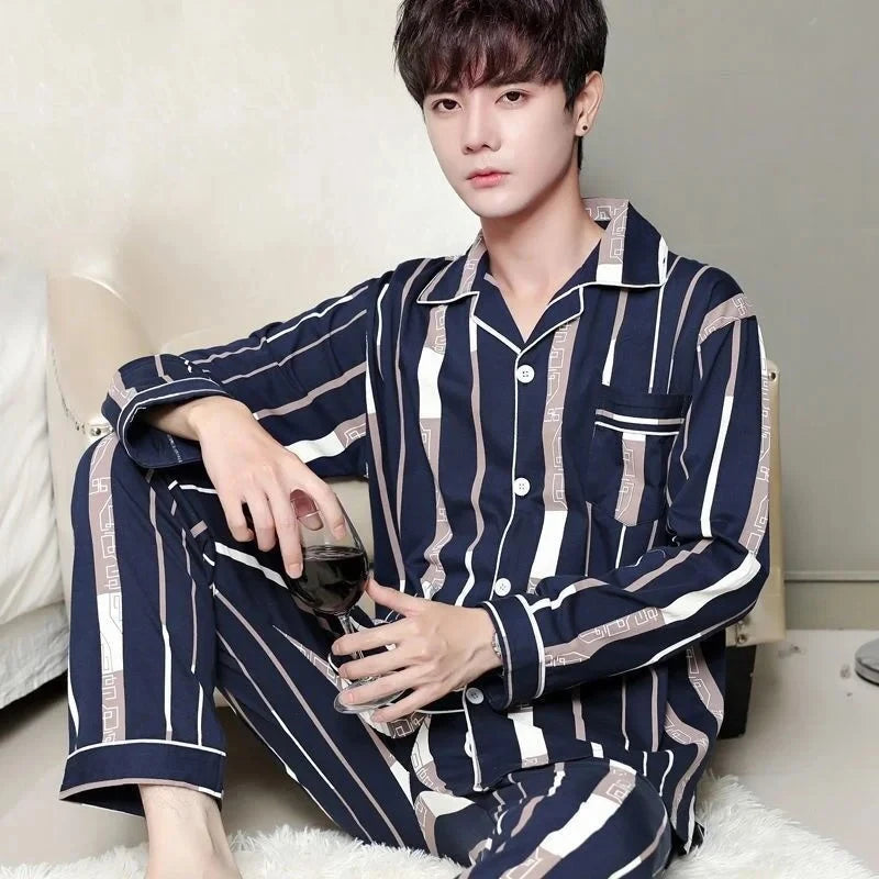 Spring Men's Fall and Winter Long-Sleeved Long Pants Middle-Aged Thin Section of Pajamas Sleepwear Homewear Suit Loungewear