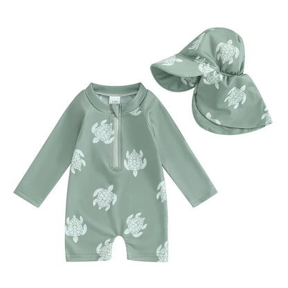 Tregren Toddler Boys Rash Guard Swimsuit Long Sleeve Turtle/Dinosaur Print Infant Bathing Suit Swimwear with Swim Caps Beachwear