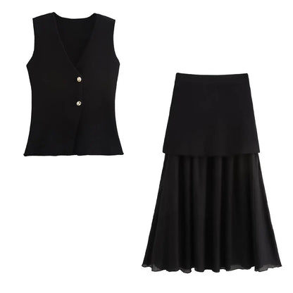 HH 2025 Women Skirt Set Wine Red Knitted V-Neck Sleeveless Slim Vest +Solid High Waist Zipper Patchwork Long Skirt Street