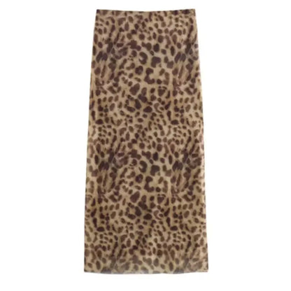 Women Leopard Tulle Midi Skirt Summer Fashion High Waist Elasticated Waistband Long Skirts Streetwear