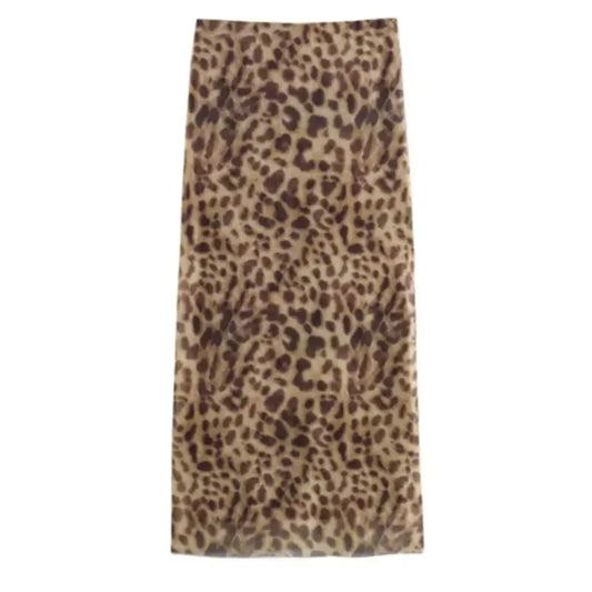 Women Leopard Tulle Midi Skirt Summer Fashion High Waist Elasticated Waistband Long Skirts Streetwear