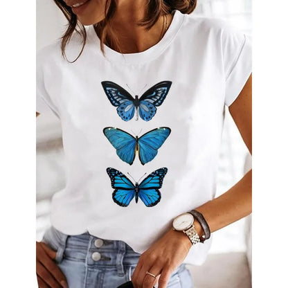 Women's Short-sleeved Explosive Insect Butterfly Dragonfly Print Round Neck T-shirt Women Clothes  Oversized T Shirt  Harajuku