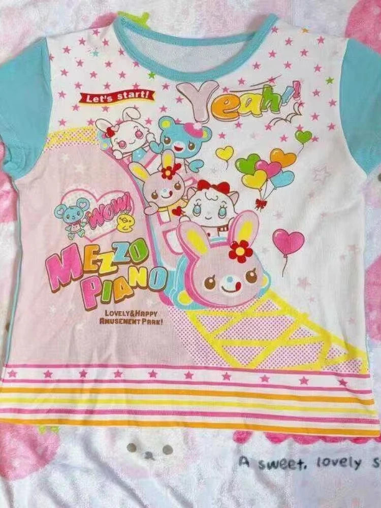 Japanese Kawaii Crop Tops Cartoon Print Harajuku Lolita Short Sleeve T-shirts Women Y2k Aesthetic Slim Tee Vintage Fairy Grunge