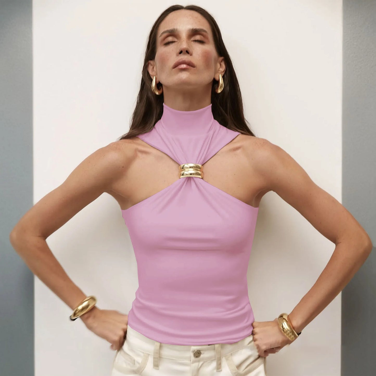 Mozision Turtleneck Basic Knit Tank Tops Women Vest Pullovers Metal Ring Camisole Sleeveless Skinny Knitted Tops Y2K Cropped Top