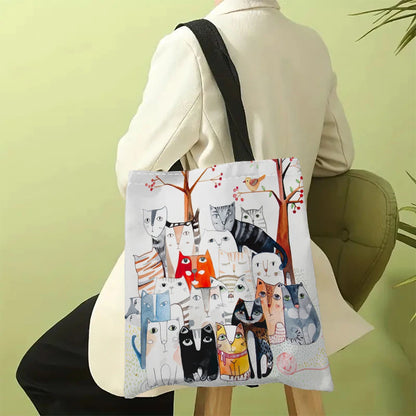 Many Cats Painting Tote Bag, Summer Travel Beach Shoulder Bag, Reusable Grocery Shopping Bag