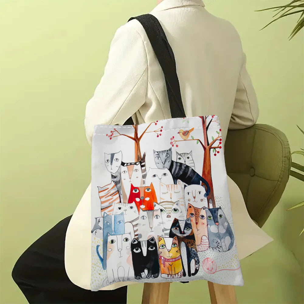 Many Cats Painting Tote Bag, Summer Travel Beach Shoulder Bag, Reusable Grocery Shopping Bag