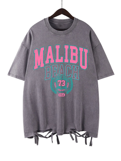 Malibu Beach Washed T-Shirt Women Letter Printing Cotton T Shirt Comfortable Crewneck Tops Casual Oversized Tees Female Clothes