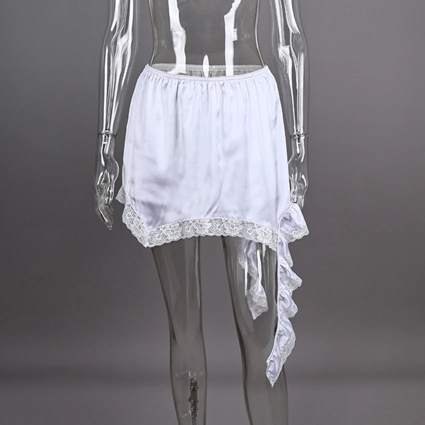 Linad Sexy Lace White Asymmetrical Midi Skirts Street Chic Satin High Waist Slim Skirt Summer Casual Solid Skirt Female 2025