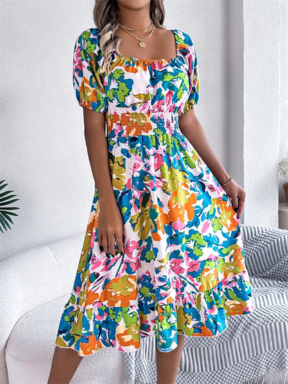 Msfilia Leisure Square Collar Spring Summer Dress Women Short Sleeve Loose Waist Design Lotus Leaf A-shaped Print Dress