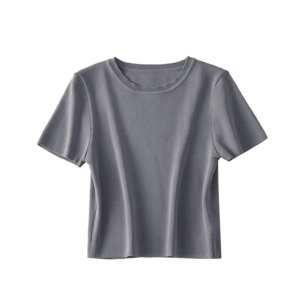 Women Fashion Striped Basic Cropped Knit Sweater Vintage O Neck Short Sleeve Female Pullovers Chic Tops
