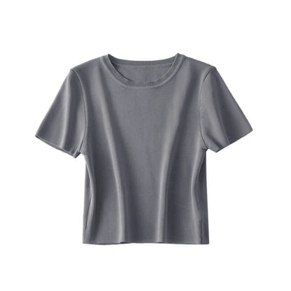 Women Fashion Striped Basic Cropped Knit Sweater Vintage O Neck Short Sleeve Female Pullovers Chic Tops