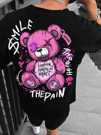 Trendy style new summer men's teddy bear letter print breathable and comfortable round neck T-shirt outdoor high street top