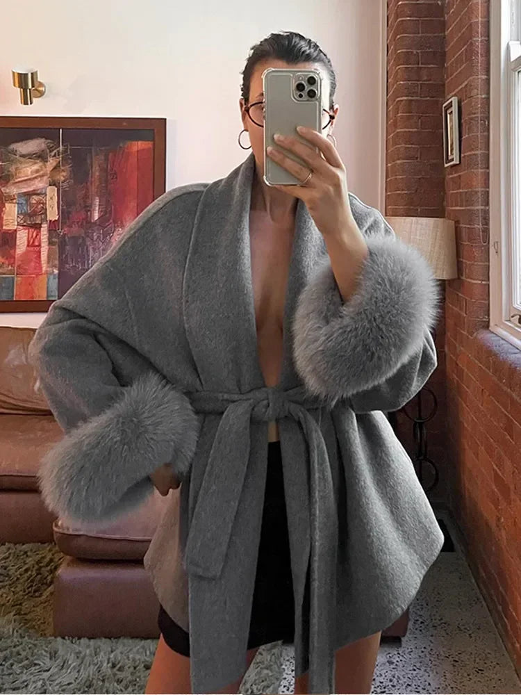 Solid Lace Up Faux Fur Sleeve Jacket Woman Elegant Mid-length V-neck Woolen Blend Coat Autumn Casual Fashion Scarf Outwear 2025