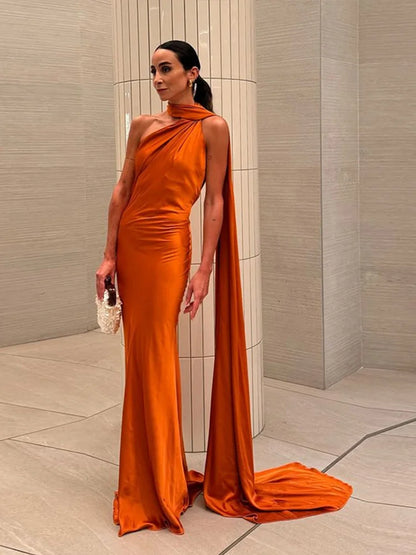 Sexy Satin Ribbon Party Dress Women Elegant Halter Backless Off Shoulder Sleeveless Female Dresses 2024 Summer Solid Robe Gown