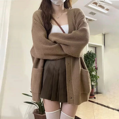 Korean version V-collar lazy wind cardigan Japanese department simple sweater female spring and autumn winter casual loose knit