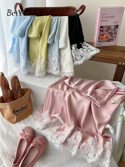 Beiyingni French Elegant Satin Mermaid Skirt Women Spring Summer Lace Patchwork Pack Hip Long A-line Skirts Office Ladies Faldas