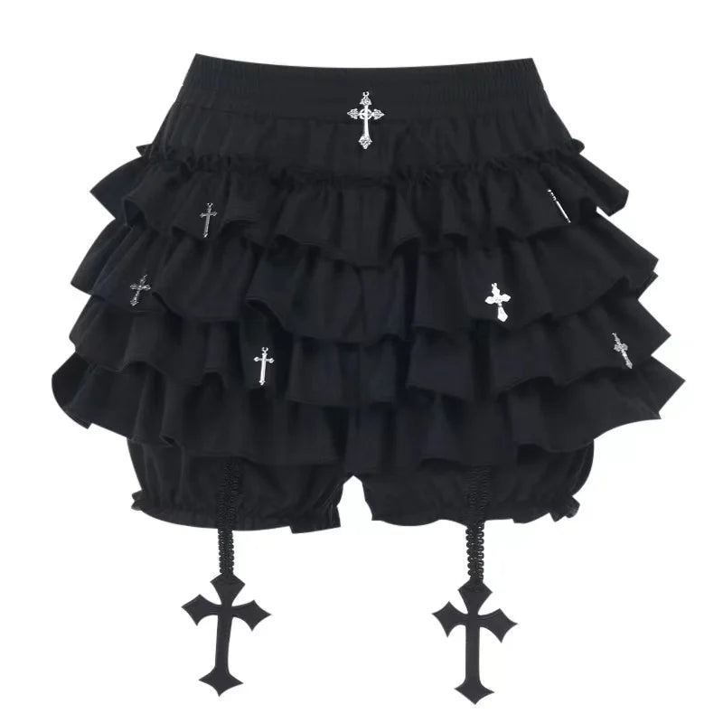 Women Skirts Tiered Ruffles Mini Skirt with Cross Charms Built-in Shorts Kawaii Sukapan Skort Gothic Punk Coquette Y2K E-girl