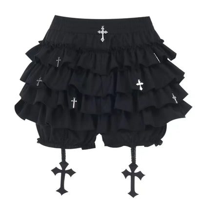 Women Skirts Tiered Ruffles Mini Skirt with Cross Charms Built-in Shorts Kawaii Sukapan Skort Gothic Punk Coquette Y2K E-girl
