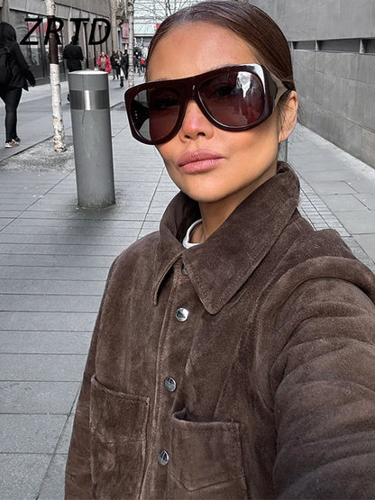 Street Women's Short Brown Suede Jacket Lapel Single Breasted Full Sleeve Pocket Female Coats 2025 Autumn Lady Commute Outerwear