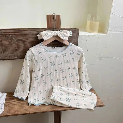 ‌New Arrival Baby Girls Floral Print Cotton Pajama Set Long Sleeve Lace Trim Two Piece Sleepwear Autumn Homewear Infant Toddler‌