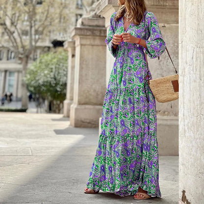 Women's Autumn New Fashionable Printed Sexy V-neck Long Sleeve High Waist Elastic Waist Medium Length Bohemian Dress