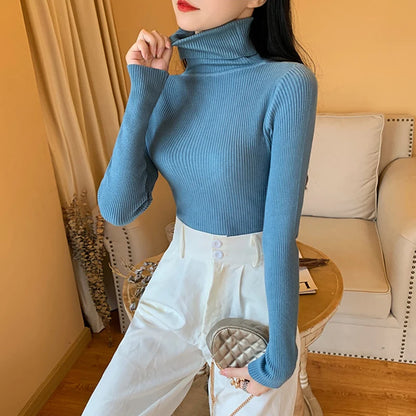 2026 Autumn Winter Women Long Sleeve Knitted Foldover Turtleneck Ribbed Pull Sweater Soft Warm Femme Jumper Pullover Clothes