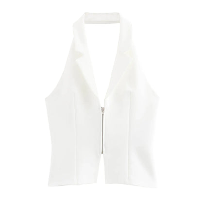 2025 Summer Women’s Sleeveless Zip Front Vest | Lapel Waistcoat for Office Casual Outing | Black/White Daily Versatile