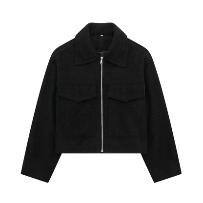 DUOPERI Women Fashion Winter Autumn Fleece Cropped Jacket Lapel Collar Long Sleeves Female Chic Lady Casual Short Outwear