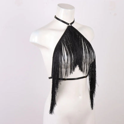 Women'S Black Tassel Halter Top-Adjustable Elastic Harness, All-Season Wear, Casual Attire Top,Tassel Detail Top