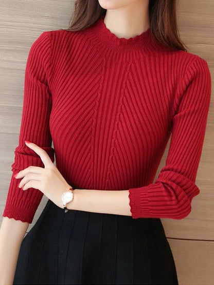 2026 Autumn Women Mock Neck Ruffles Sweater Long Sleeve Knitted Bottoming Solid Pullovers Stripe Women Casual Sweater Winter