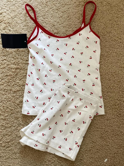 Strawberry Vest Shorts 2 Pieces Set Woman Eyelet Bow Slim Tank Top with Elastic Waist Patchwork Straight Short Pant Sweet Sets