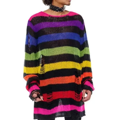 New Purple Striped Gothic Sweaters Women Ripped Holes Loose Knitted Pullover Frayed Fairy Grunge Jumpers Emo Streetwear Lolita