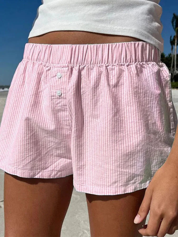 Women's Striped Print Casual Elastic Waist Shorts Y2K Loose Fit Summer Streetwear Chic Basic Fashion Button Detail