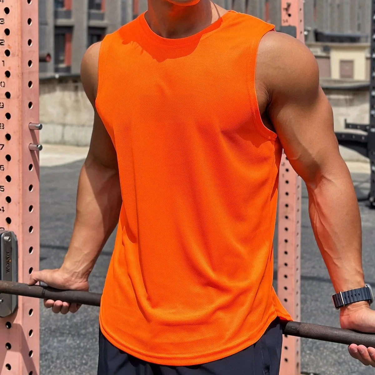 Summer New Trend Men's Pullover Round Neck Mesh Bottom Shirt Sports Fitness Swimming Running Shirt Sleeveless Vest Quick  Dry