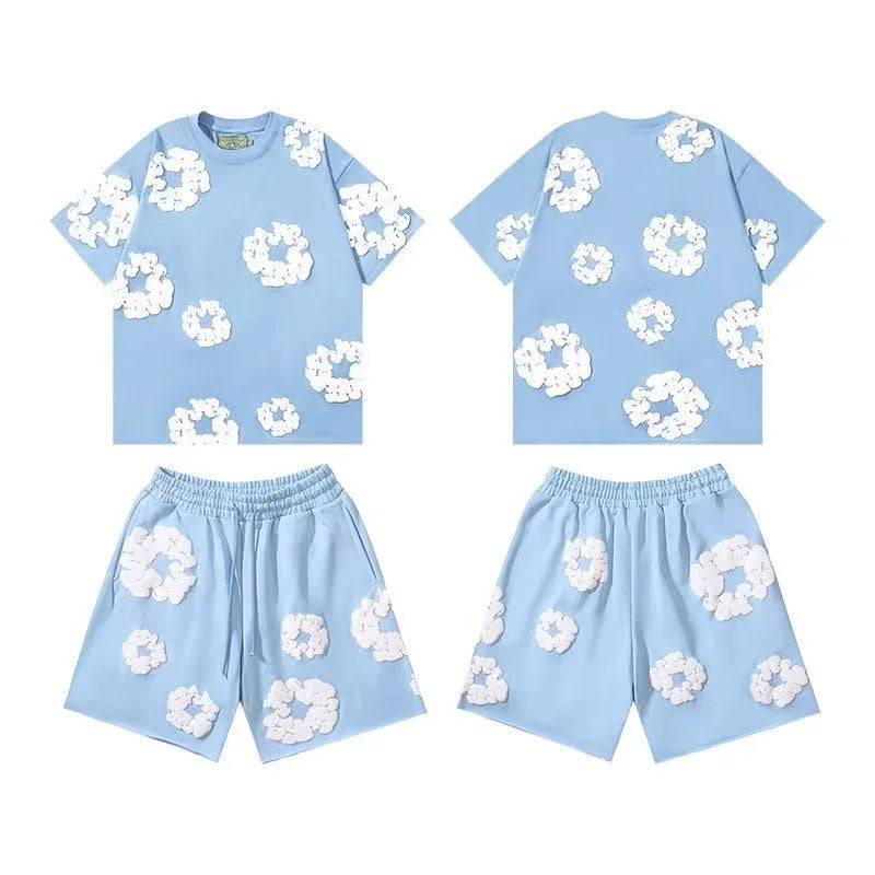 DENIM TEARS Summer Hot Selling European and American Fashion Hip Hop Printed Short Sleeve Set High Street Loose Sportswear