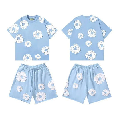 DENIM TEARS Summer Hot Selling European and American Fashion Hip Hop Printed Short Sleeve Set High Street Loose Sportswear