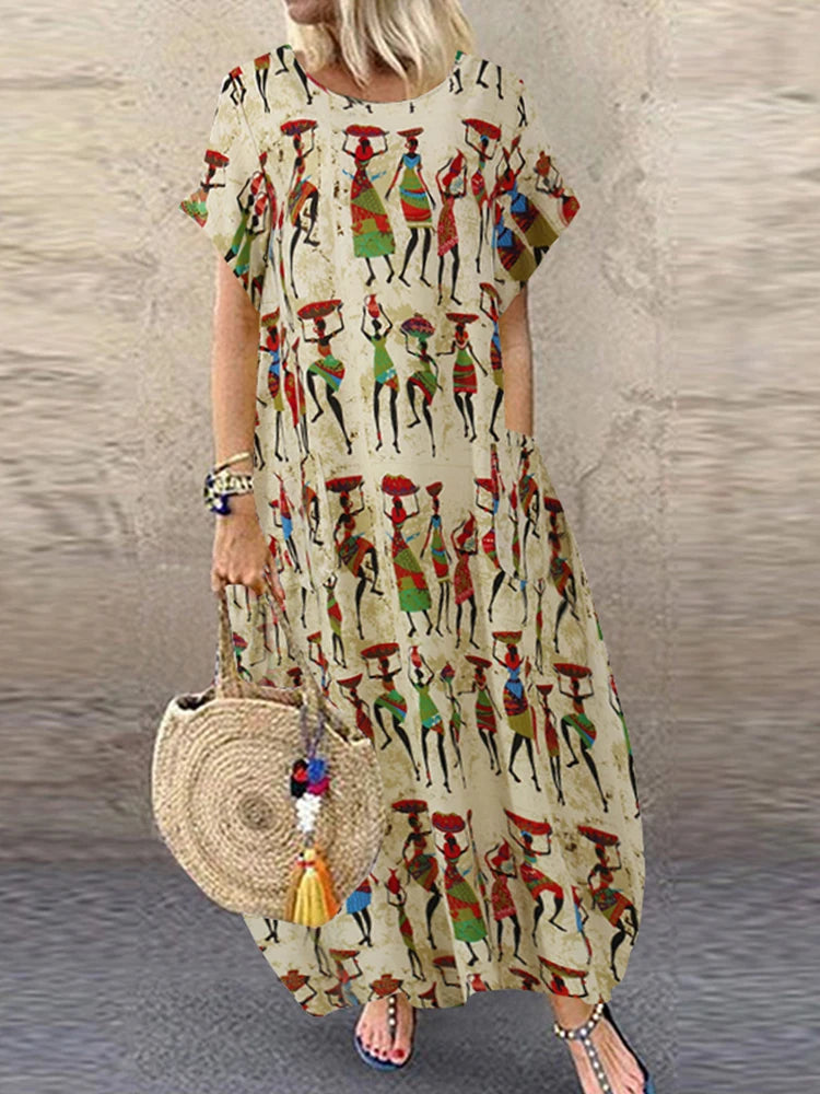 ZANZEA Summer Maxi Dress Women's Vintage Printed Sundress Casual Loose Short Sleeve Vestidos Vacation High Waist Robe Femme 2024