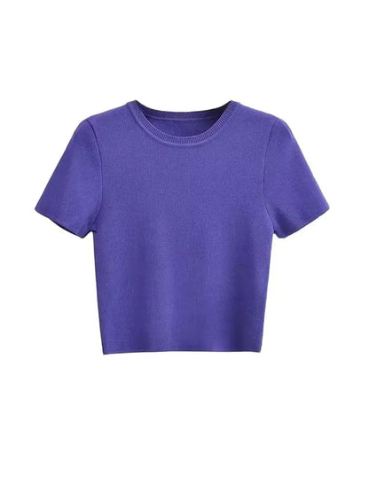 Women Fashion Striped Basic Cropped Knit Sweater Vintage O Neck Short Sleeve Female Pullovers Chic Tops