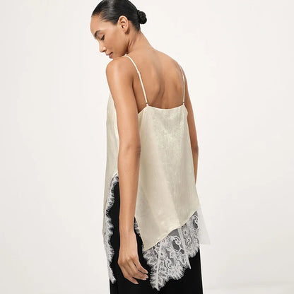 Linad Elegant Satin Apricot Spaghetti Strap Camisole Street Chic Lace Split Vest Female Casual Silk Tops Women 2025 Summer Pink