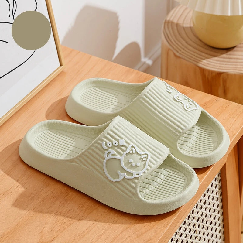 Cute Cartoon Kitten Women's Summer Slippers Indoor Bathroom Cloudy Soft Sole Non-slip Leisure Comfort Couple Home Shoes
