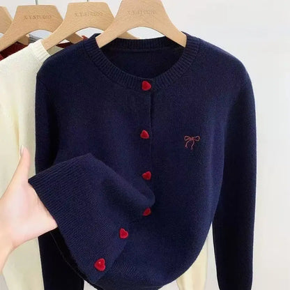 2026 Women Knitted Cardigan Bow Embroidery O-Neck Single Breasted Heart-shaped Button Sweater Korean Casual Solid Knitting Tops