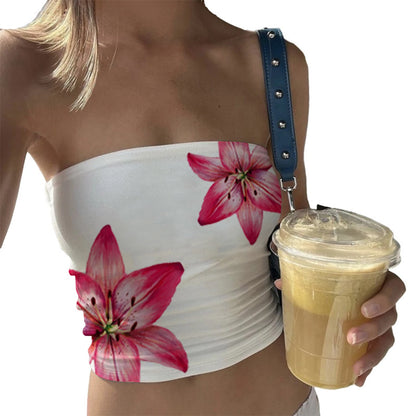 Women's Floral Print Tube Tops Summer Strapless Bandeau Tops Slim Fit Shirts Streetwear