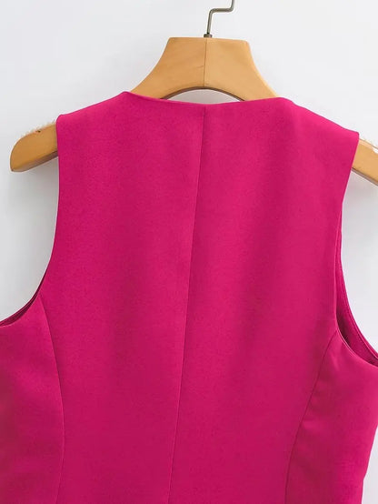 Women Fashion V Neck Sleeveless Pockets Short Vest Jacket Office Lady Single Breasted Casual Slim WaistCoat Tops CT2208