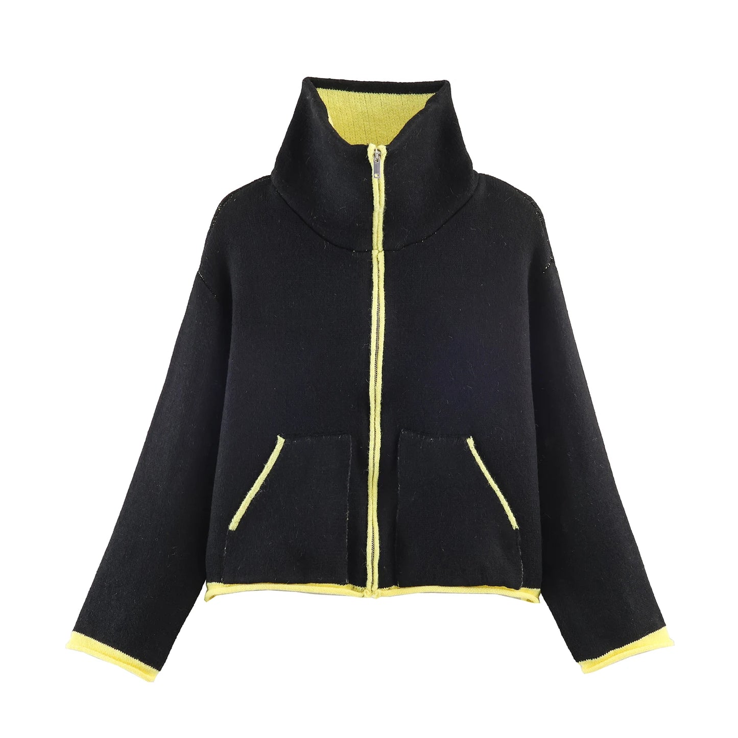 2025 Winter New Product Women's Lazy Style Loose Contrasting Color Decorative Layer Knitted Pilot Jacket Coat