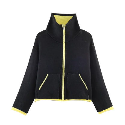 2025 Winter New Product Women's Lazy Style Loose Contrasting Color Decorative Layer Knitted Pilot Jacket Coat