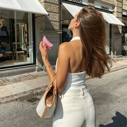 Women's Sexy Spice Hanging Neck Backless Small Suspenders Slim Short Neckline Solid Color Threaded Peplum Short Tops