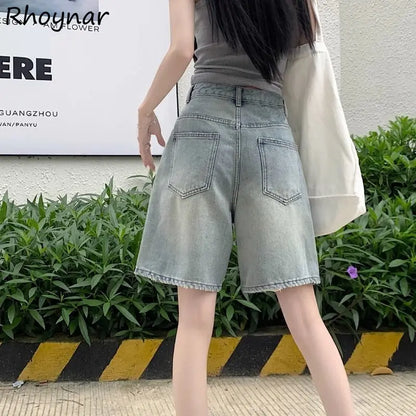 Denim Shorts Women Summer Loose Button Zipper Pockets Vintage Retro High Waist Korean Style Casual Cozy Solid Simple All-match