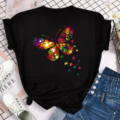 Y2k Women's Colorful Butterfly Petal Print T-Shirt, Short Sleeve, Round Neck, Cute Graphic Tee Shirts, Female Tops Clothes